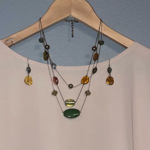 Multi-color earth-tone 3 strand necklace & earrings w/ gold & silver accents.